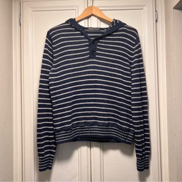 Vince 100% Linen Hooded Long Sleeve Sweater Blue White Striped Nautical Medium - Picture 1 of 4